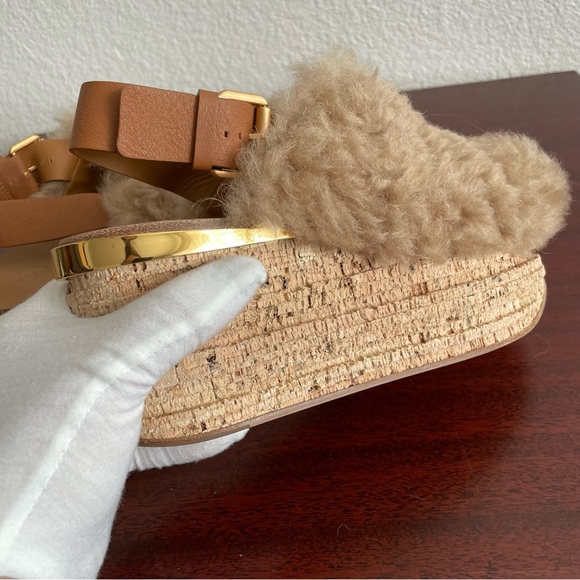 NWOT Chloe Camille Wedge Mules Fur Cork Leather Beige Sandals Shoes - Picture 12 of 13